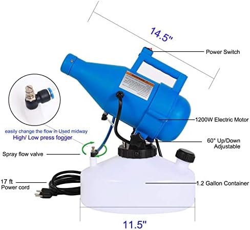 4.5L (1.2 Gallon) Electric ULV Portable Fogger Sprayer Machine Cold Fogger Machine Spraying Distance 30ft for Home Hotel Church School Yard