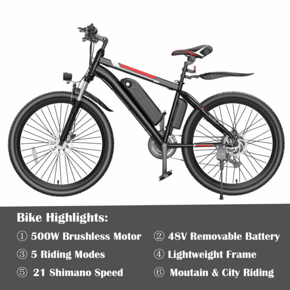 500W Electric Bike 26" Electric Bicycle for Adults with Cruise Control System Ebike