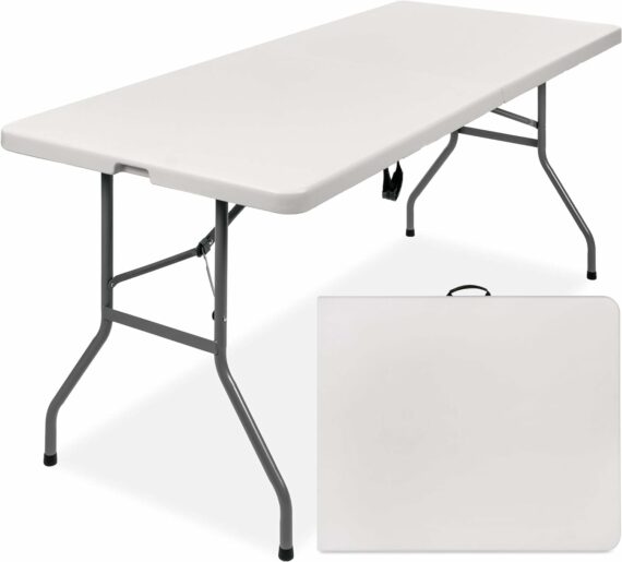 6ft Plastic Folding Table, Indoor Outdoor Heavy Duty Portable w/Handle, Lock for Picnic