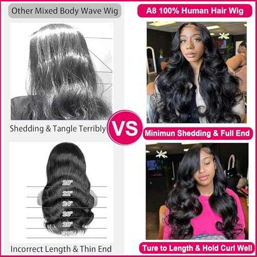 A8 30 inch Lace Front Wig Human Hair Body Wave HD Lace Frontal 13x4 180 Density Glueless Wigs Human Hair Pre Plucked with Baby Hair for Women Natural Black