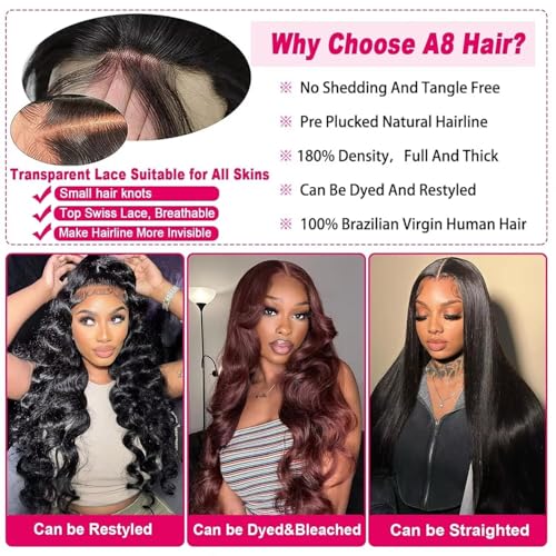 A8 30 inch Lace Front Wig Human Hair Body Wave HD Lace Frontal 13x4 180 Density Glueless Wigs Human Hair Pre Plucked with Baby Hair for Women Natural Black