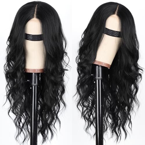 AISI HAIR Black Wig for Women Long Wavy Lace Hairline Wig 26 Inch Middle Part Synthetic Heat Resistant Wig for Daily Party
