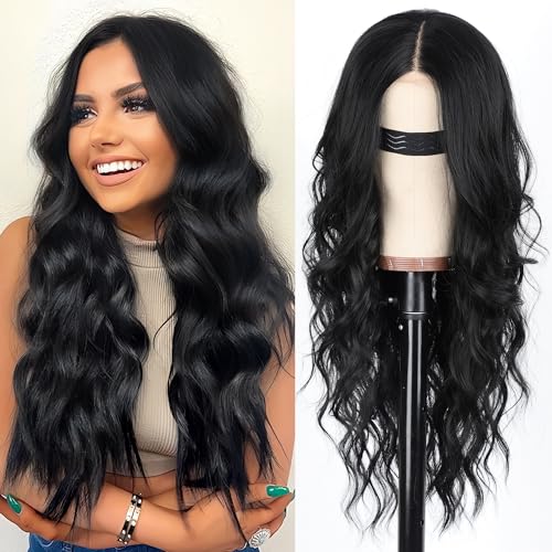 AISI HAIR Black Wig for Women Long Wavy Lace Hairline Wig 26 Inch Middle Part Synthetic Heat Resistant Wig for Daily Party