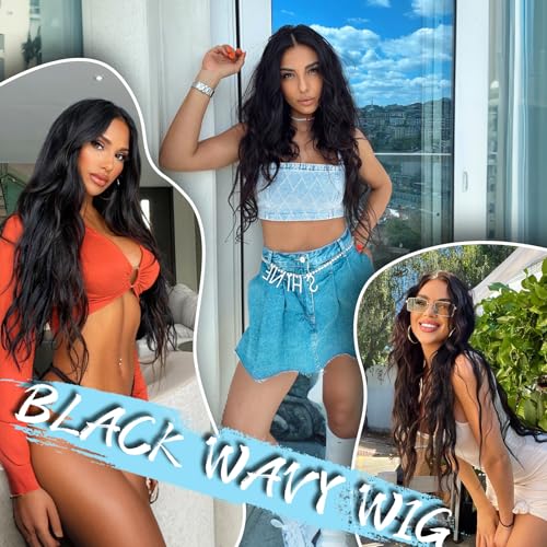 AISI HAIR Black Wig for Women Long Wavy Lace Hairline Wig 26 Inch Middle Part Synthetic Heat Resistant Wig for Daily Party