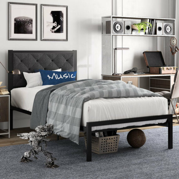 Amolife Twin Metal Bed Frame with Upholstered Headboard, Modern Design, Durable Steel Construction