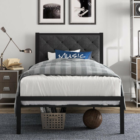 Amolife Twin Metal Bed Frame with Upholstered Headboard, Modern Design, Durable Steel Construction