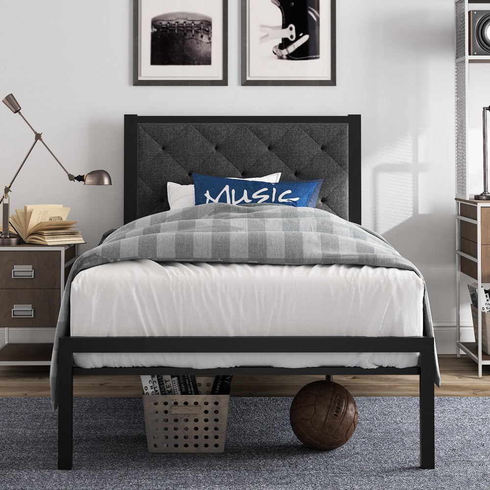 Amolife Twin Metal Bed Frame with Upholstered Headboard, Modern Design, Durable Steel Construction