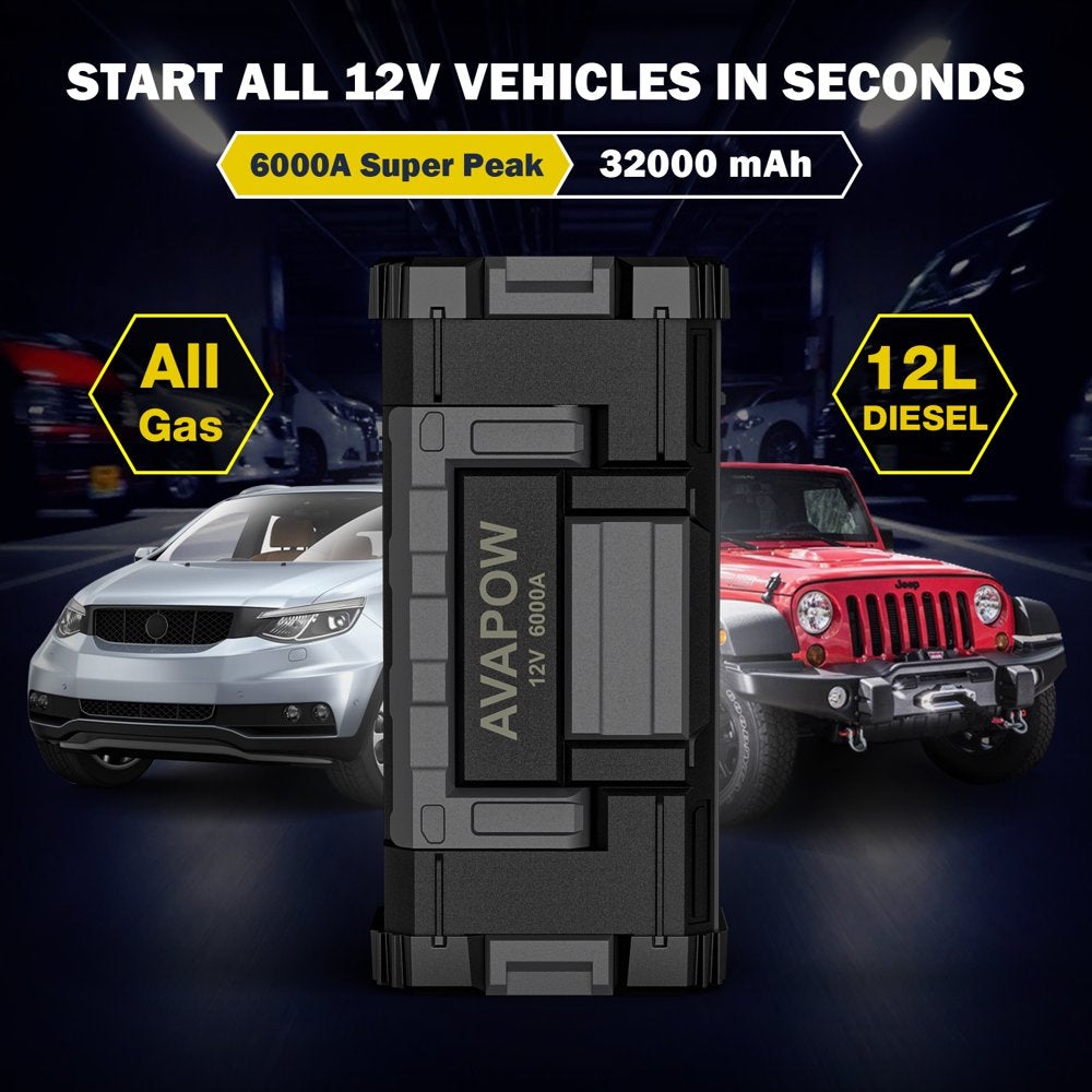 AVAPOW 6000A Car Battery Jump Starter with Dual USB Quick Charge and DC Output, 12V Jump Pack with Built-In LED Bright Light