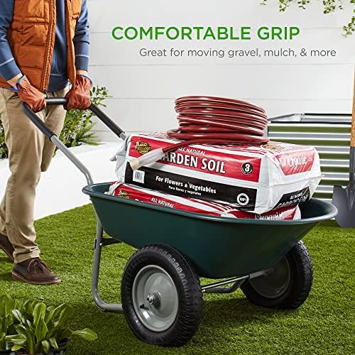 Best Choice Products Dual-Wheel Home Utility Yard Wheelbarrow Garden Cart w/Built-in Stand for Lawn  Gardening  Construction - Green