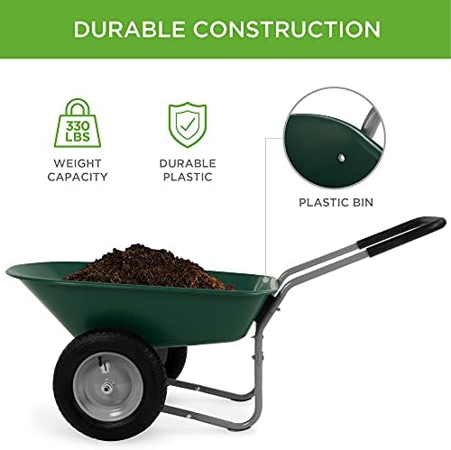 Best Choice Products Dual-Wheel Home Utility Yard Wheelbarrow Garden Cart w/Built-in Stand for Lawn  Gardening  Construction - Green