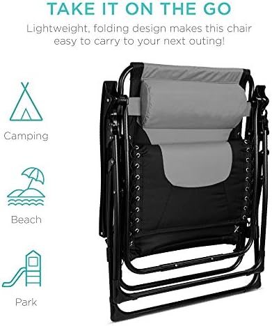 Best Choice Products Oversized Padded Zero Gravity Chair  Folding Outdoor Patio Recliner  XL Anti Gravity Lounger for Backyard w/Headrest  Cup Holder  Side Tray  Polyester Mesh - Black/Gray