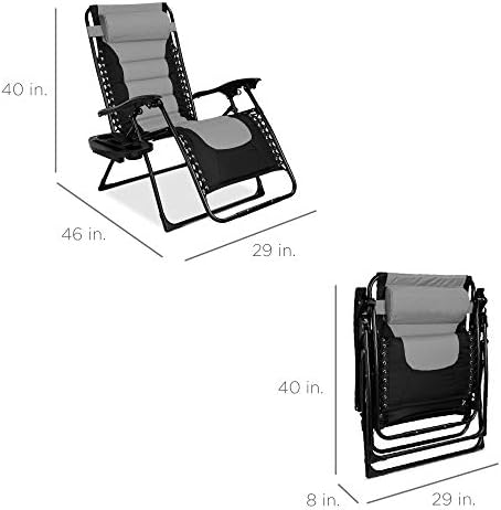 Best Choice Products Oversized Padded Zero Gravity Chair  Folding Outdoor Patio Recliner  XL Anti Gravity Lounger for Backyard w/Headrest  Cup Holder  Side Tray  Polyester Mesh - Black/Gray