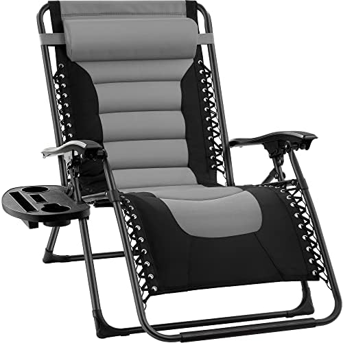 Best Choice Products Oversized Padded Zero Gravity Chair  Folding Outdoor Patio Recliner  XL Anti Gravity Lounger for Backyard w/Headrest  Cup Holder  Side Tray  Polyester Mesh - Black/Gray