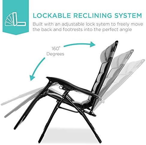 Best Choice Products Oversized Padded Zero Gravity Chair  Folding Outdoor Patio Recliner  XL Anti Gravity Lounger for Backyard w/Headrest  Cup Holder  Side Tray  Polyester Mesh - Black/Gray
