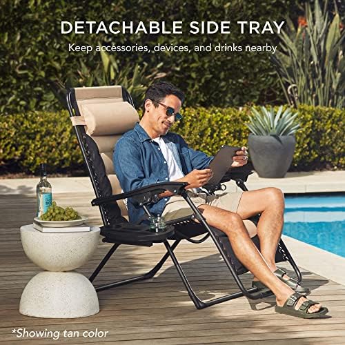 Best Choice Products Oversized Padded Zero Gravity Chair  Folding Outdoor Patio Recliner  XL Anti Gravity Lounger for Backyard w/Headrest  Cup Holder  Side Tray  Polyester Mesh - Black/Gray