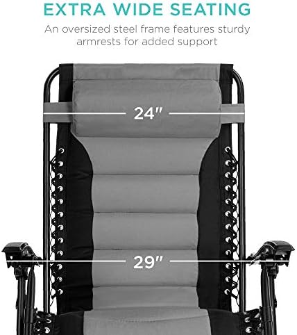 Best Choice Products Oversized Padded Zero Gravity Chair  Folding Outdoor Patio Recliner  XL Anti Gravity Lounger for Backyard w/Headrest  Cup Holder  Side Tray  Polyester Mesh – Black/Gray