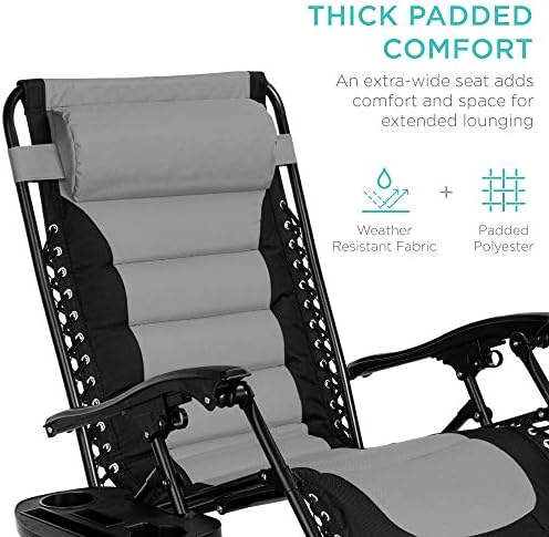 Best Choice Products Oversized Padded Zero Gravity Chair  Folding Outdoor Patio Recliner  XL Anti Gravity Lounger for Backyard w/Headrest  Cup Holder  Side Tray  Polyester Mesh - Black/Gray