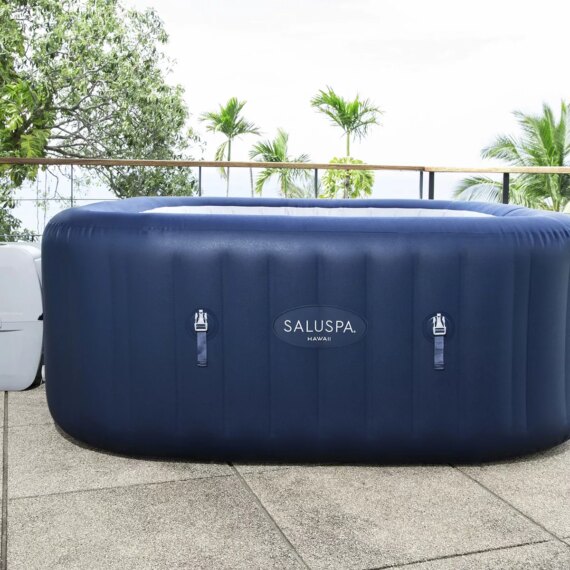 Bestway SaluSpa Hawaii AirJet 4 to 6 Person Inflatable Hot Tub Square Portable Outdoor Spa with 140 AirJets and EnergySense Energy Saving Cover, Blue
