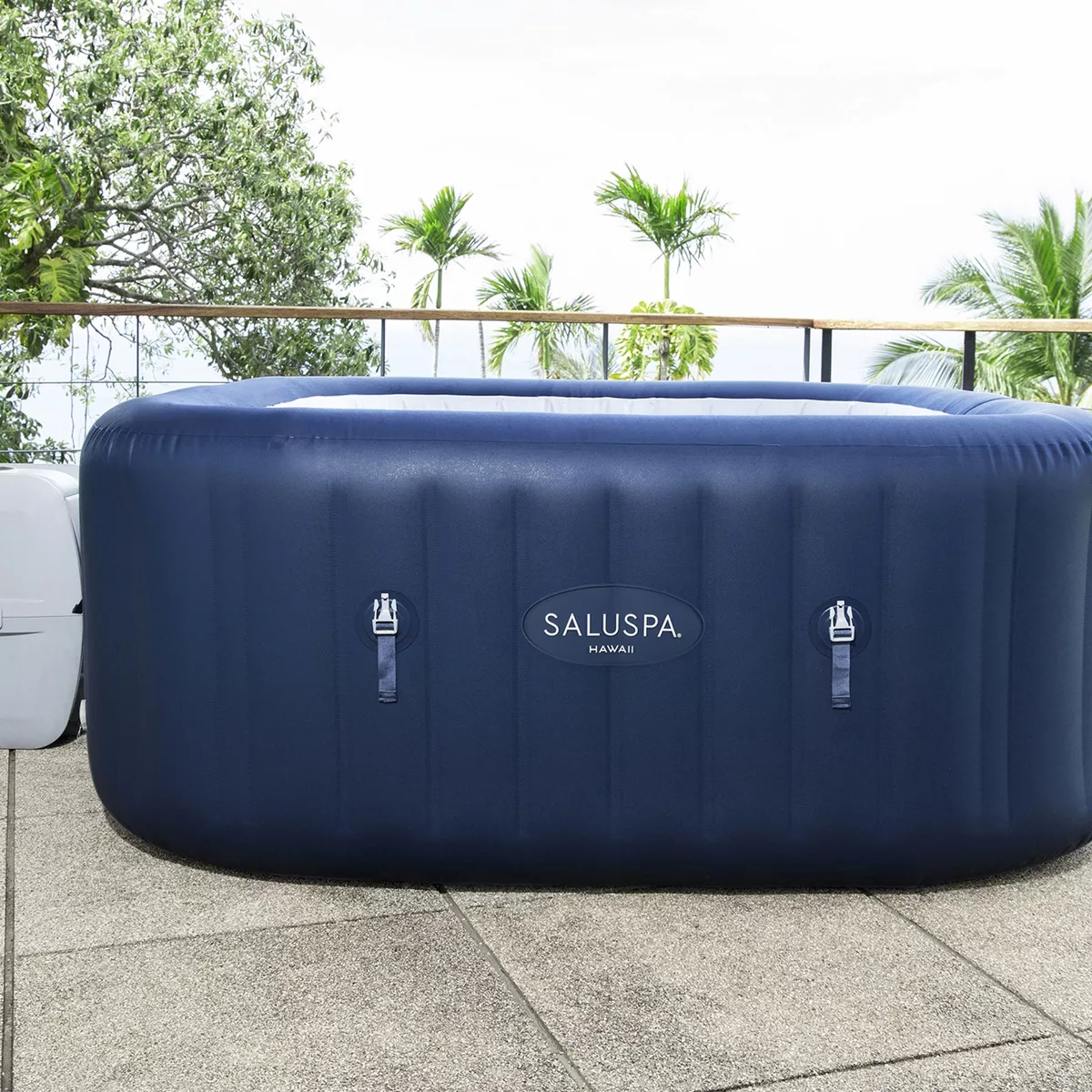 Bestway SaluSpa Hawaii AirJet 4 to 6 Person Inflatable Hot Tub Square Portable Outdoor Spa with 140 AirJets and EnergySense Energy Saving Cover, Blue