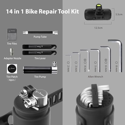 BONE Portable Bike Repair Capsule  14-in-1 Bicycle Repair Tool Kit  Mountain/Road Bike maintenance with Tire Pump & Wrench Tool Kit  Bike Accessories for Cycling  Emergency Bike Repair Bag