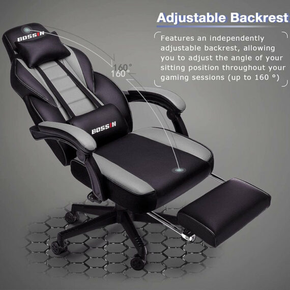 BOSSIN Ergonomic Gaming Chair with Footrest, Headrest & Lumbar Support, Reclines 90-155°, PU Leather, 300 lbs Capacity