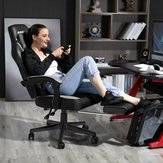BOSSIN Ergonomic Gaming Chair with Footrest, Headrest & Lumbar Support, Reclines 90-155°, PU Leather, 300 lbs Capacity