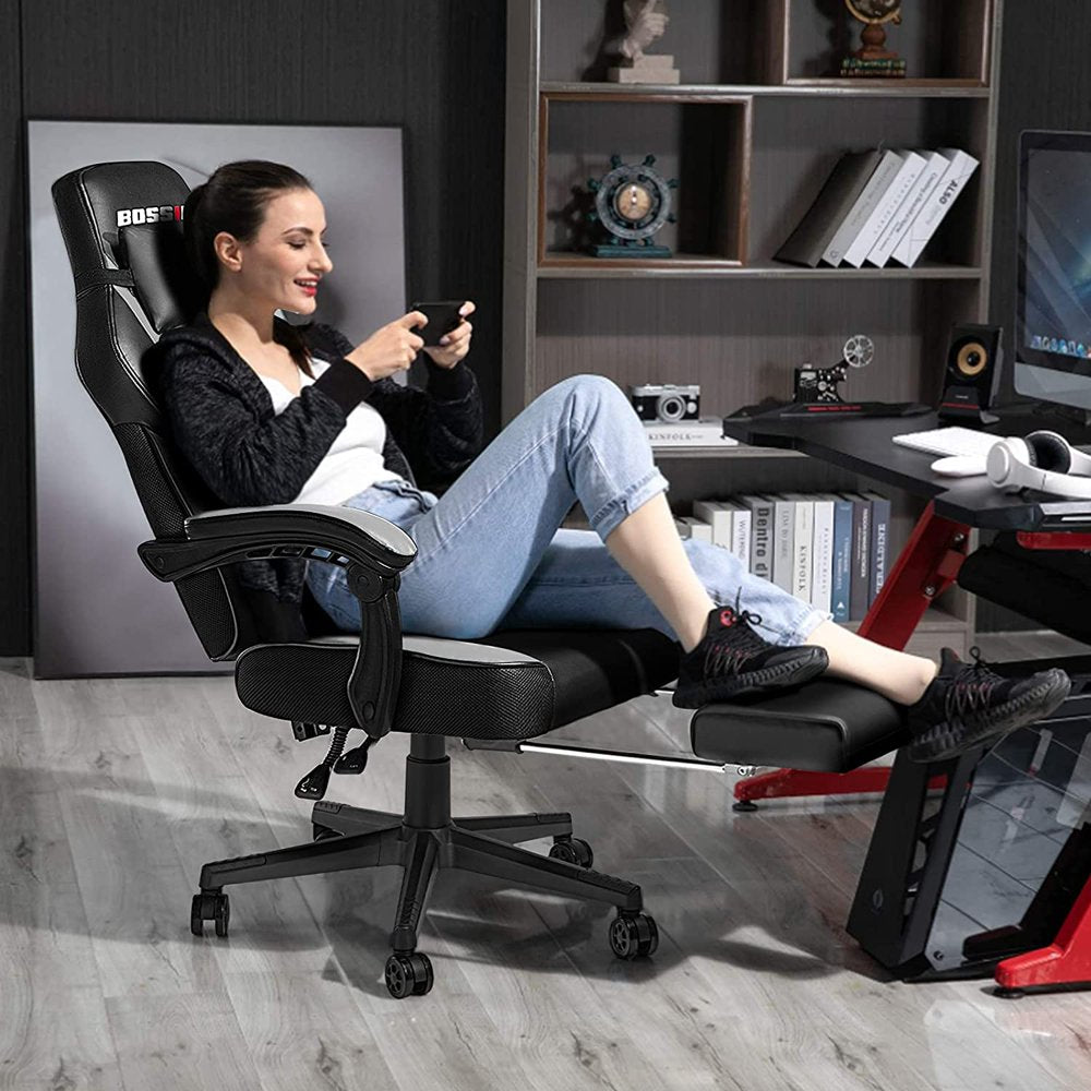 BOSSIN Ergonomic Gaming Chair with Footrest, Headrest & Lumbar Support, Reclines 90-155°, PU Leather, 300 lbs Capacity