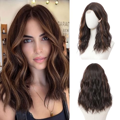 Brown Highlight Wig 18 Inch Medium Length Wigs for Women Middle Part Synthetic Hair Wavy Wig with Upgraded Strands Natural Hair Wig for Daily Party/Halloween Use 18Inch Brown Highlight
