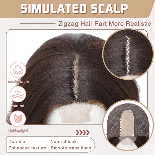 Brown Highlight Wig 18 Inch Medium Length Wigs for Women Middle Part Synthetic Hair Wavy Wig with Upgraded Strands Natural Hair Wig for Daily Party/Halloween Use 18Inch Brown Highlight