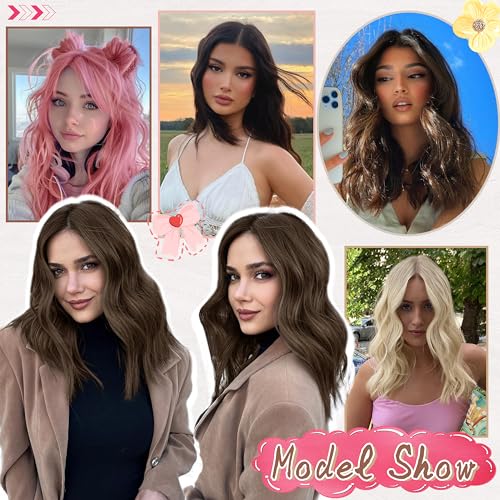 Brown Highlight Wig 18 Inch Medium Length Wigs for Women Middle Part Synthetic Hair Wavy Wig with Upgraded Strands Natural Hair Wig for Daily Party/Halloween Use 18Inch Brown Highlight