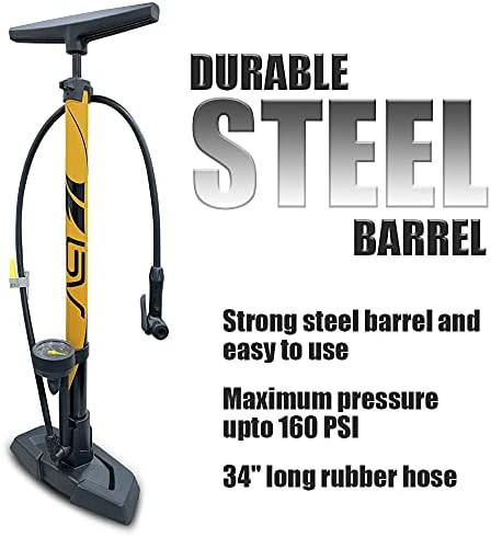 BV Bicycle Pump Durable Steel Bike Floor Pump 17/24 inch Smart Valve Head  160 psi  Automatically Reversible Presta and Schrader