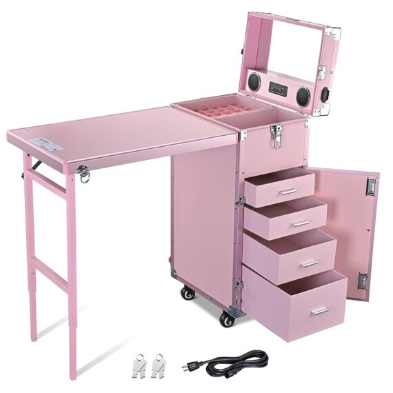 BYOOTIQUE Nail Desk Mobile Station Rolling Makeup Train Case Trolley Cosmetic Manicure Table Mirror 4 Drawers Pink