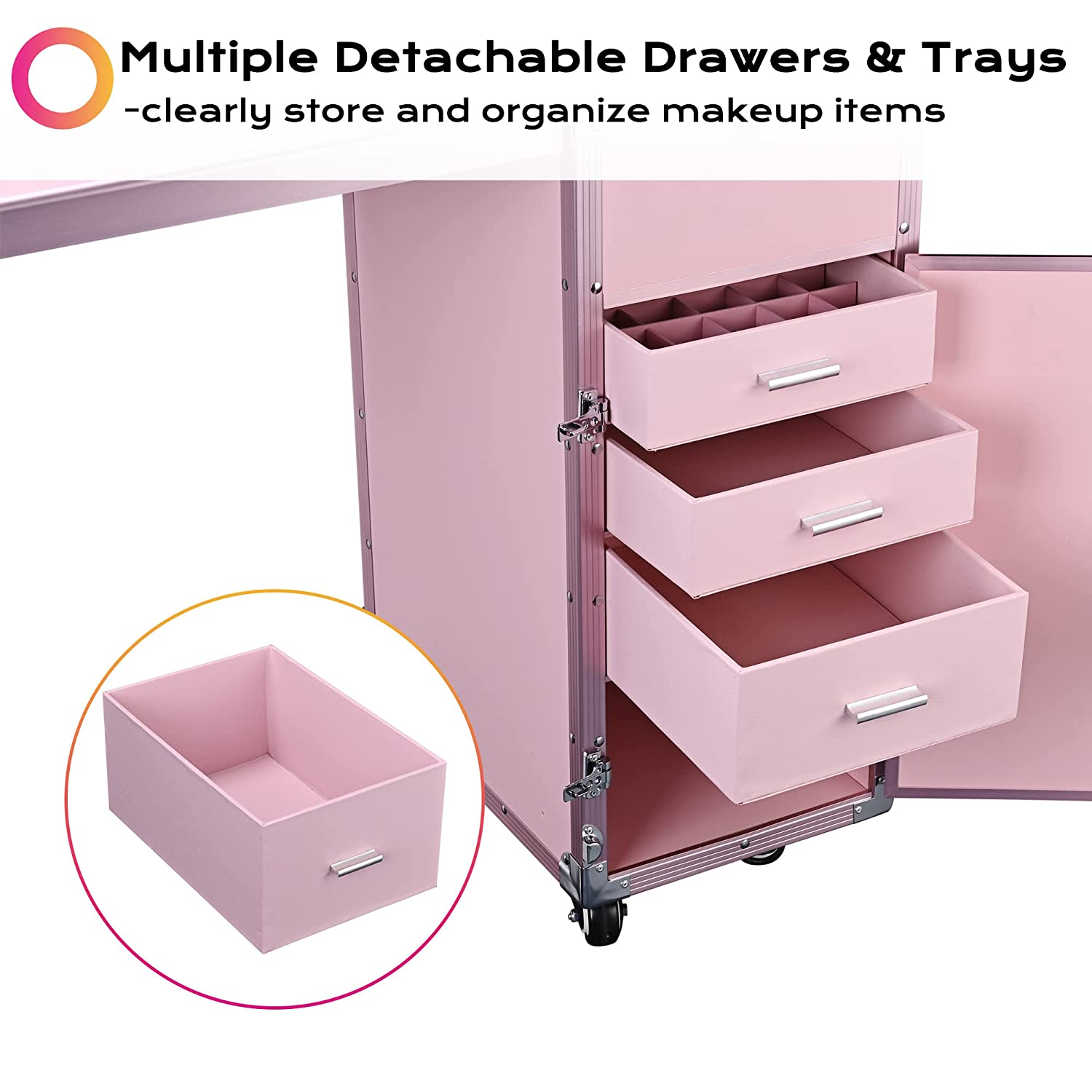 BYOOTIQUE Nail Desk Mobile Station Rolling Makeup Train Case Trolley Cosmetic Manicure Table Mirror 4 Drawers Pink