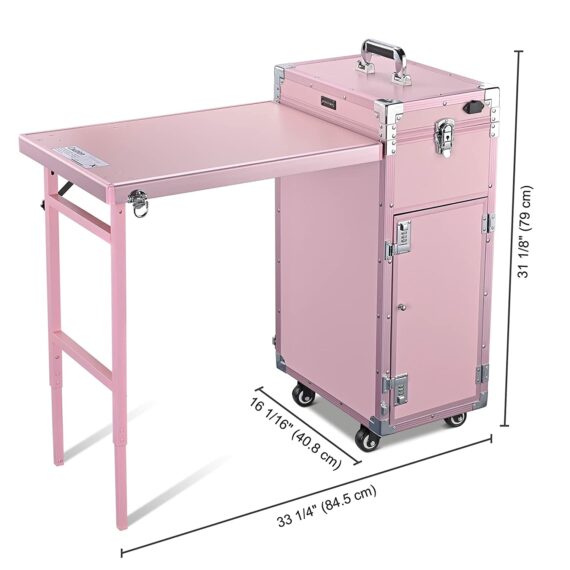 BYOOTIQUE Nail Desk Mobile Station Rolling Makeup Train Case Trolley Cosmetic Manicure Table Mirror 4 Drawers Pink