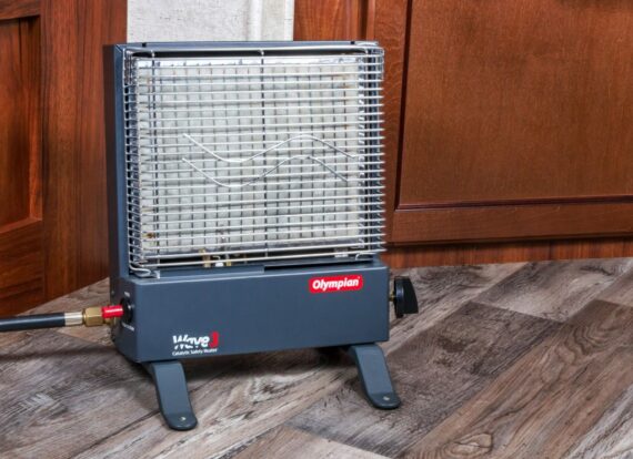 Camco Olympian Wave 3 Catalytic Heater, Self-Generating Piezo Starter, 1,600-3,000 BTUs, Heats 100 Sq Ft, Multicolor, Model 57331