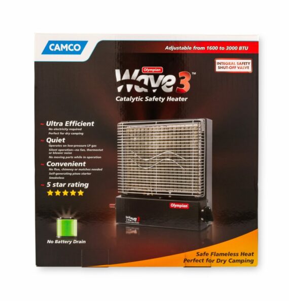 Camco Olympian Wave 3 Catalytic Heater, Self-Generating Piezo Starter, 1,600-3,000 BTUs, Heats 100 Sq Ft, Multicolor, Model 57331