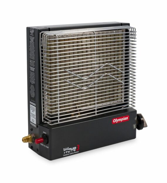 Camco Olympian Wave 3 Catalytic Heater, Self-Generating Piezo Starter, 1,600-3,000 BTUs, Heats 100 Sq Ft, Multicolor, Model 57331