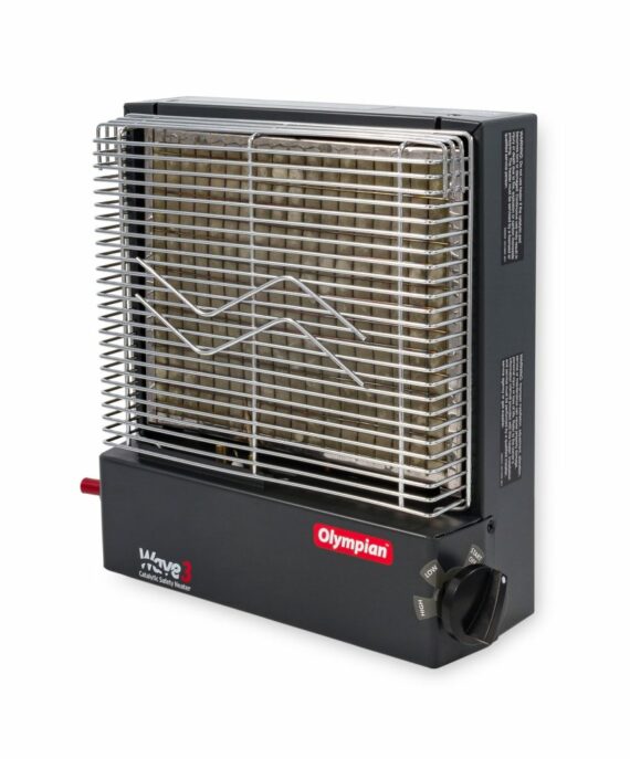 Camco Olympian Wave 3 Catalytic Heater, Self-Generating Piezo Starter, 1,600-3,000 BTUs, Heats 100 Sq Ft, Multicolor, Model 57331