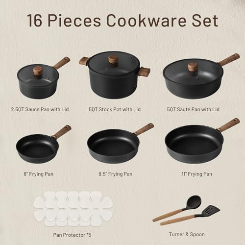 CAROTE 16pcs Pots and Pans Set Non Stick  Nonstick Kitchen Cookware Sets  Induction Cookware Sets with Stay-Cool Handle  Black