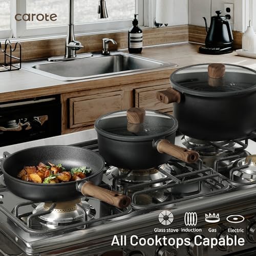 CAROTE 16pcs Pots and Pans Set Non Stick  Nonstick Kitchen Cookware Sets  Induction Cookware Sets with Stay-Cool Handle  Black