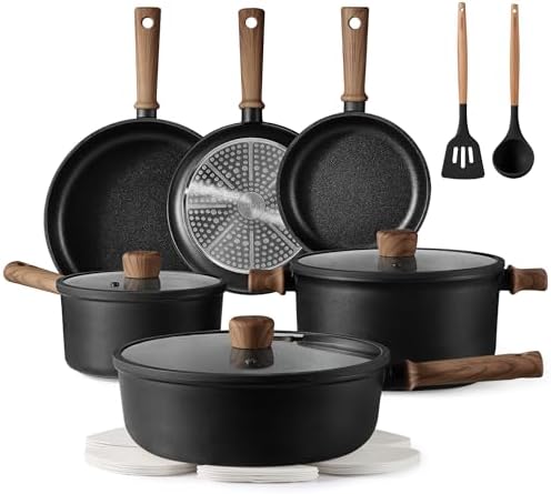CAROTE 16pcs Pots and Pans Set Non Stick  Nonstick Kitchen Cookware Sets  Induction Cookware Sets with Stay-Cool Handle  Black