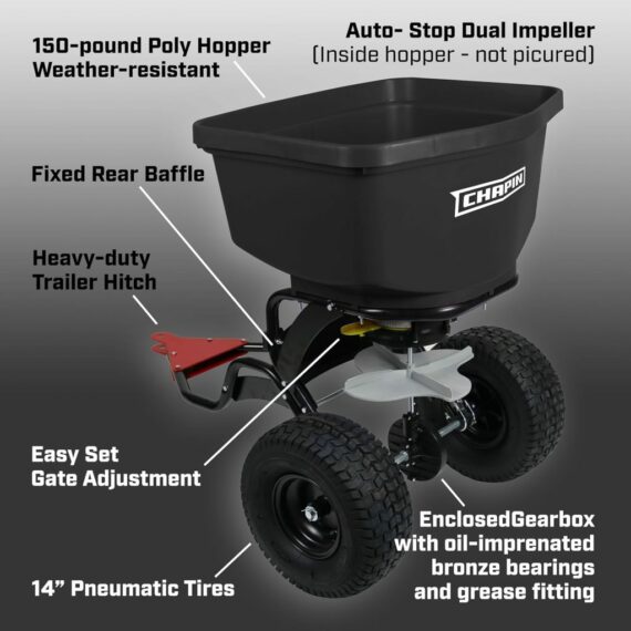 Chapin 8622B 150-Pound Tow Behind Spreader with Auto-Stop Impeller, 11 Gate Adjustments, USA Made