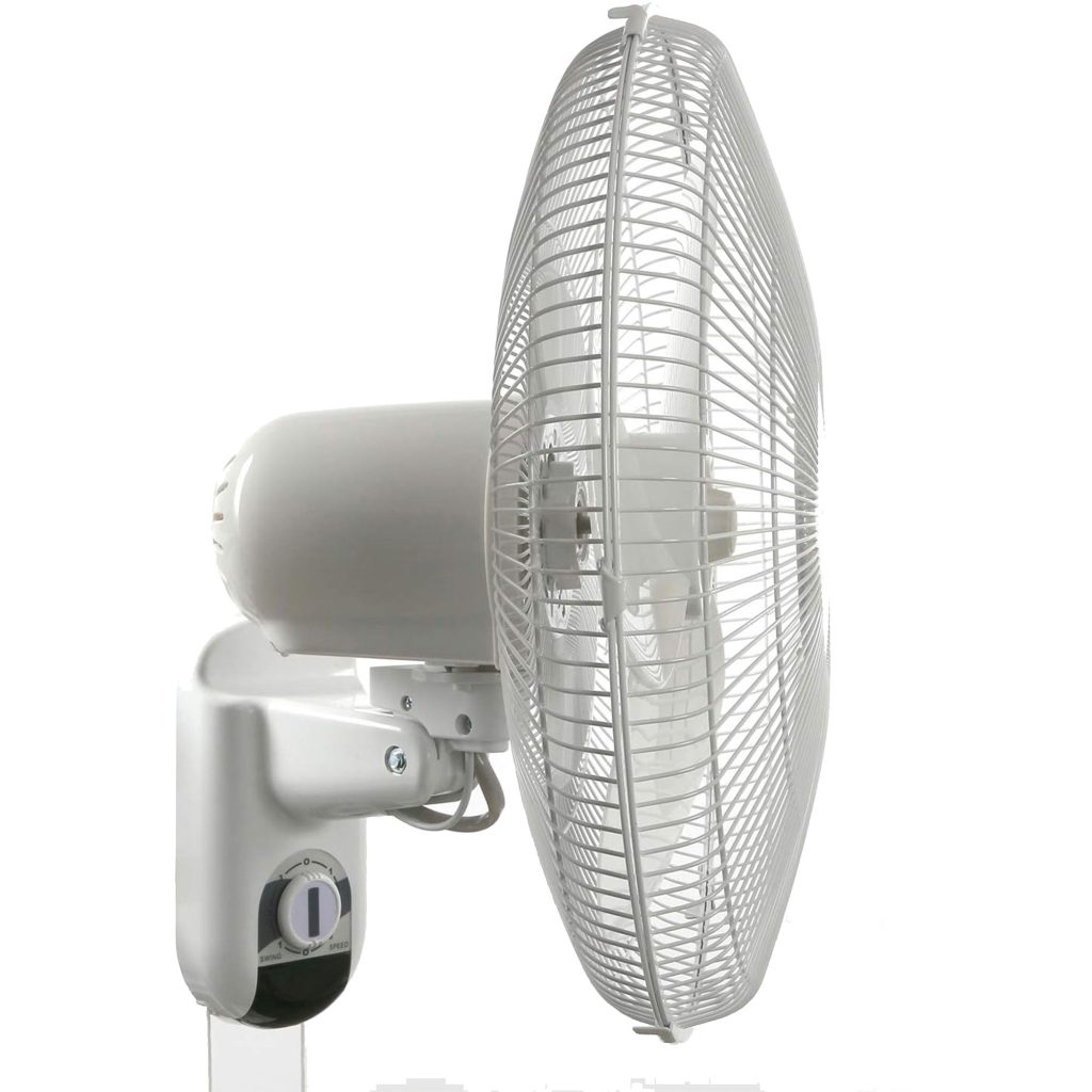Classic 16-Inch Wall Mounted Oscillating Fan, 3-Speed, White, Durable Metal, Space-Saving Design