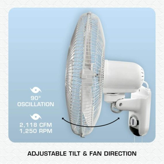 Classic 16-Inch Wall Mounted Oscillating Fan, 3-Speed, White, Durable Metal, Space-Saving Design