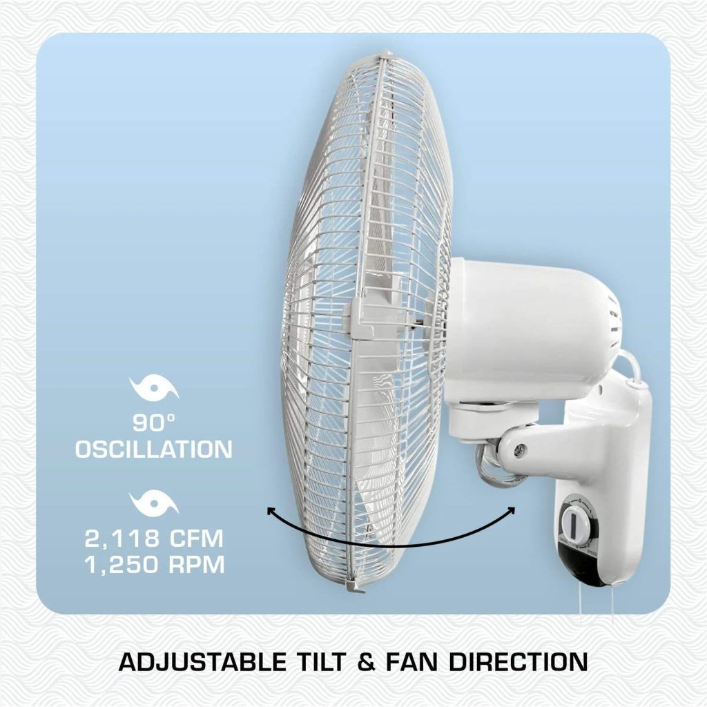 Classic 16-Inch Wall Mounted Oscillating Fan, 3-Speed, White, Durable Metal, Space-Saving Design