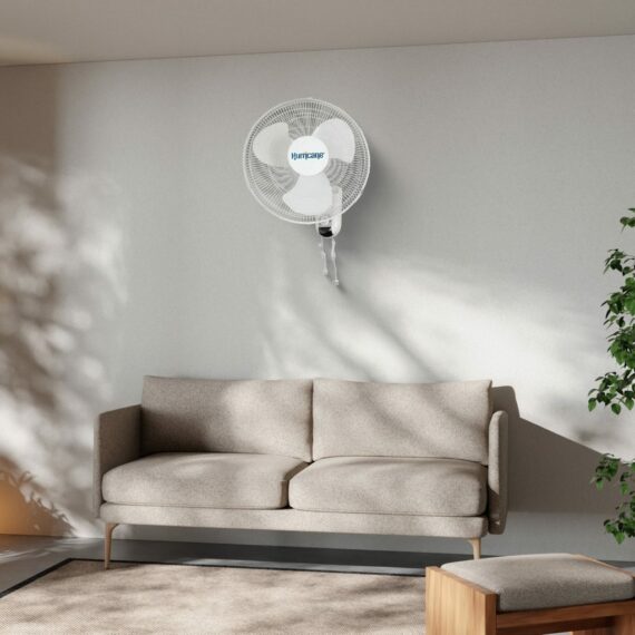 Classic 16-Inch Wall Mounted Oscillating Fan, 3-Speed, White, Durable Metal, Space-Saving Design