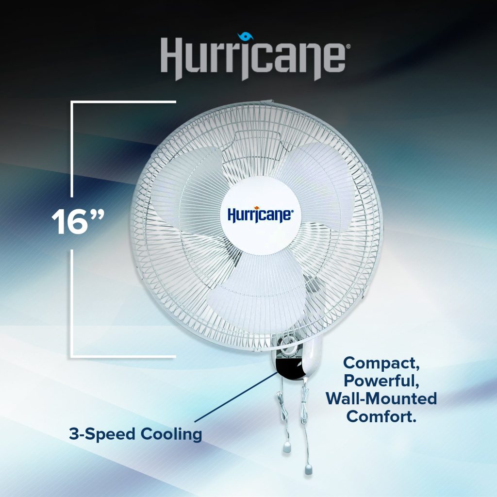 Classic 16-Inch Wall Mounted Oscillating Fan, 3-Speed, White, Durable Metal, Space-Saving Design