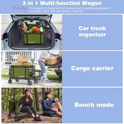 Collapsible Wagon Cart with Wheels 220lbs Foldable Wagon 120L Shopping Cart for Groceries Folding Utility Wagon for Beach  Garden  Camping  Sport  Green