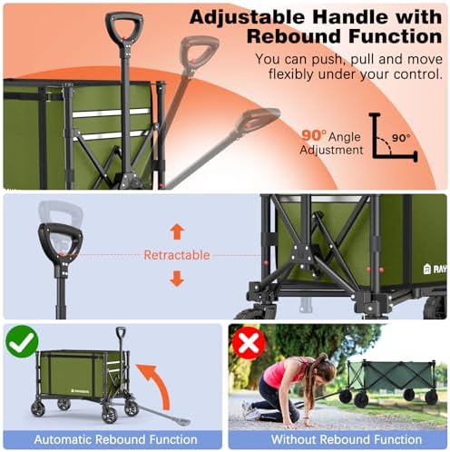 Collapsible Wagon Cart with Wheels 220lbs Foldable Wagon 120L Shopping Cart for Groceries Folding Utility Wagon for Beach  Garden  Camping  Sport  Green
