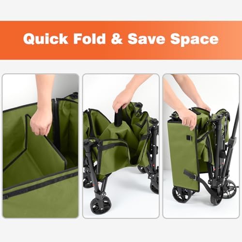 Collapsible Wagon Cart with Wheels 220lbs Foldable Wagon 120L Shopping Cart for Groceries Folding Utility Wagon for Beach  Garden  Camping  Sport  Green